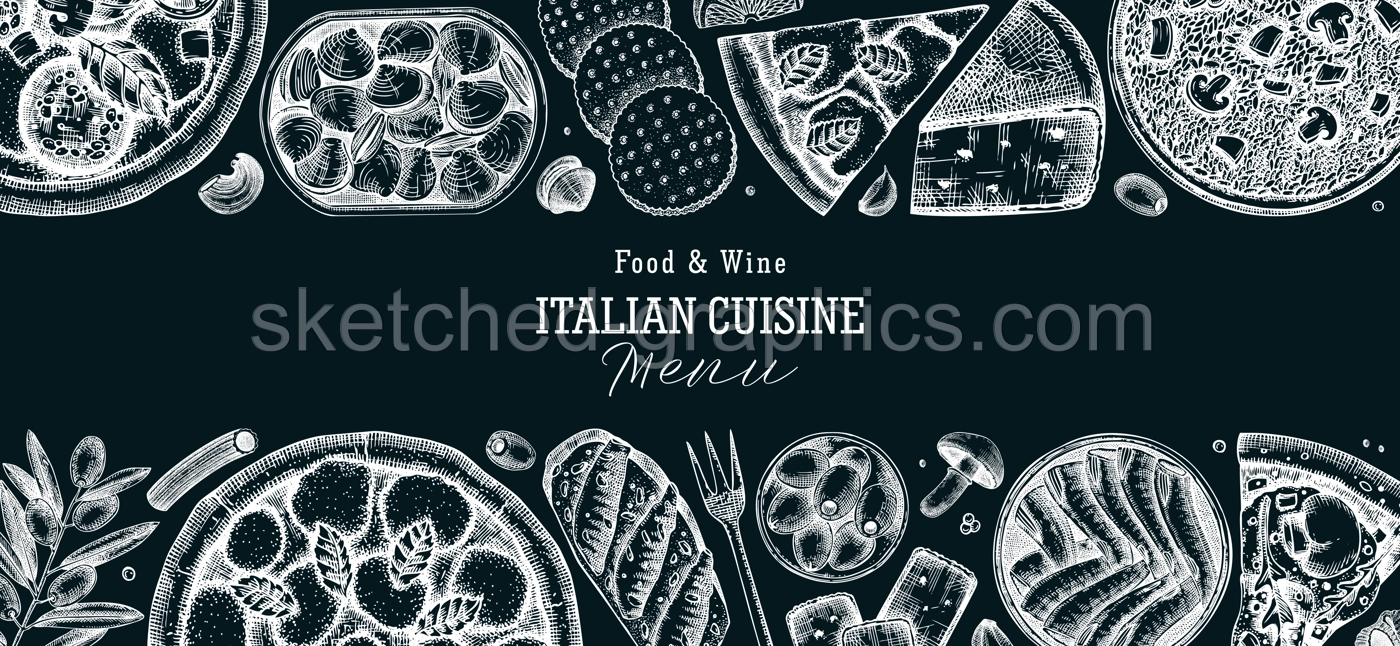 Hand drawn pizza, pasta and risotto banner on chalkboard. Italian cuisine vector background. Mediterranean food ingredients - cheese, olives, canape, tinned fish and seafood. Menu design template Illustration